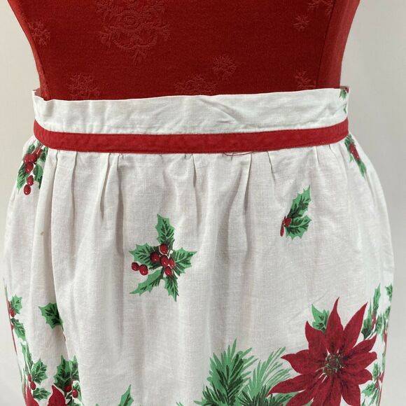 Vintage Christmas Apron Printed Cotton Red White Green Poinsettias & Holly Motif - Picture 5 of 5